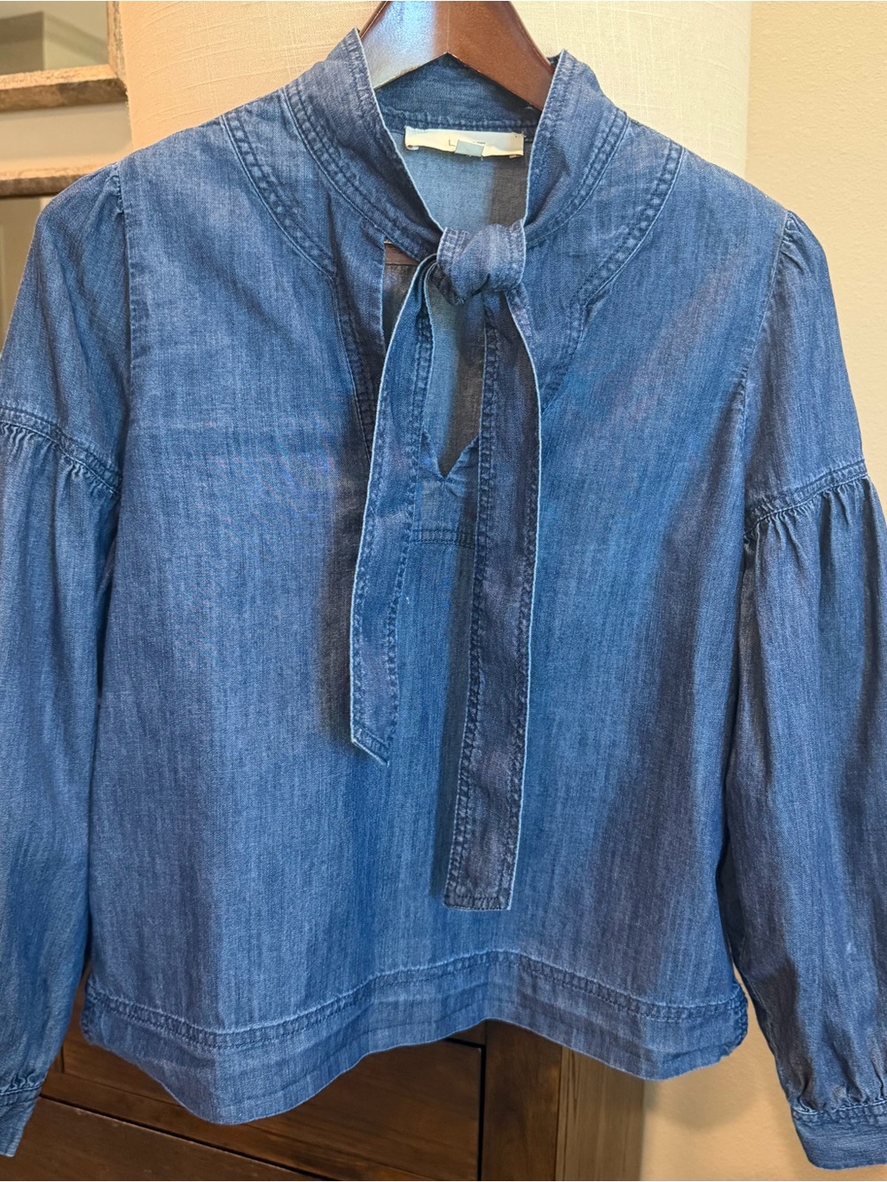 LOFT Denim Tie-Neck Peasant Top in Blue